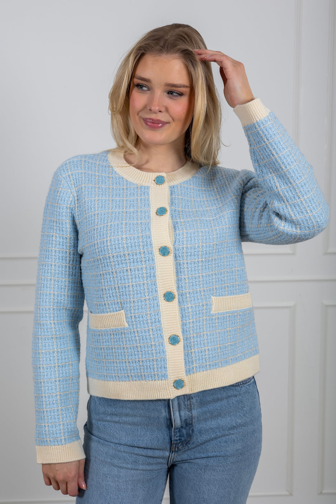 Yaslivia Ls Short Knit Cardigan Birch Clear Sky