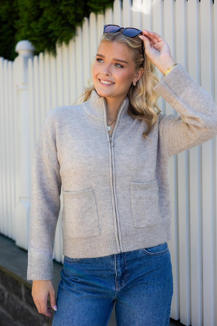 Sia Ras Ls Knit Zipper Cardigan Dove Melange