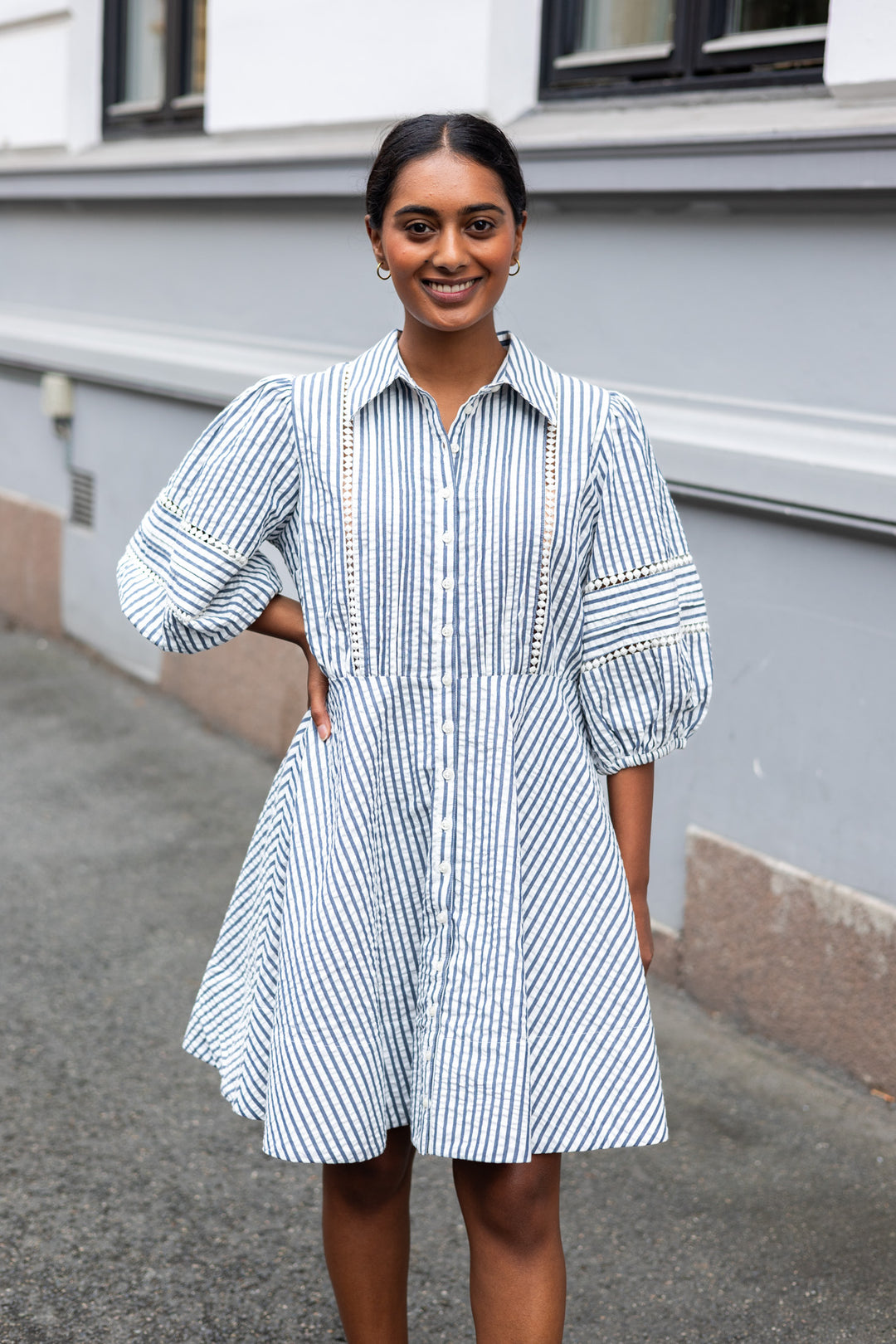 Seersucker Decorated Dress Blue Stripe