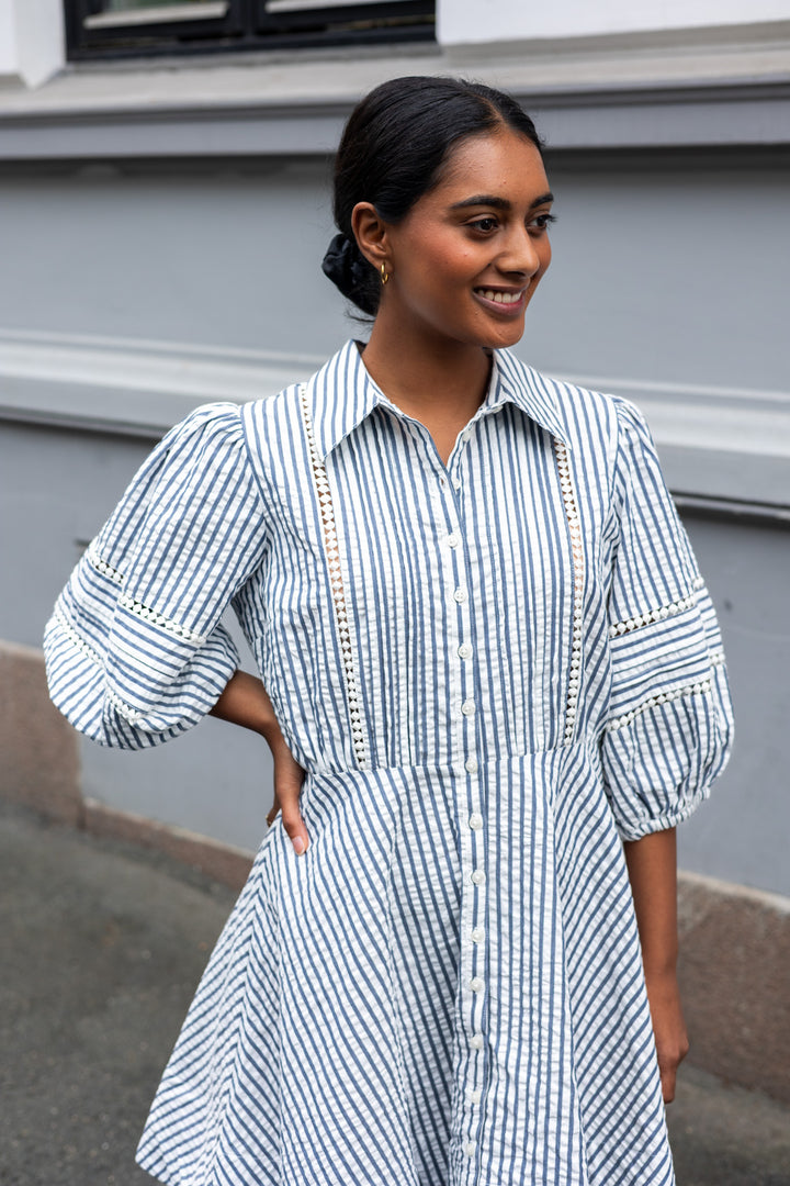 Seersucker Decorated Dress Blue Stripe