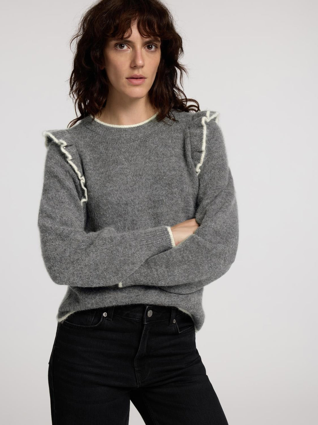 Alva Frills Ls Knit O - Neck Medium Grey Melange Birch | Genser | Smuk - Dameklær på nett