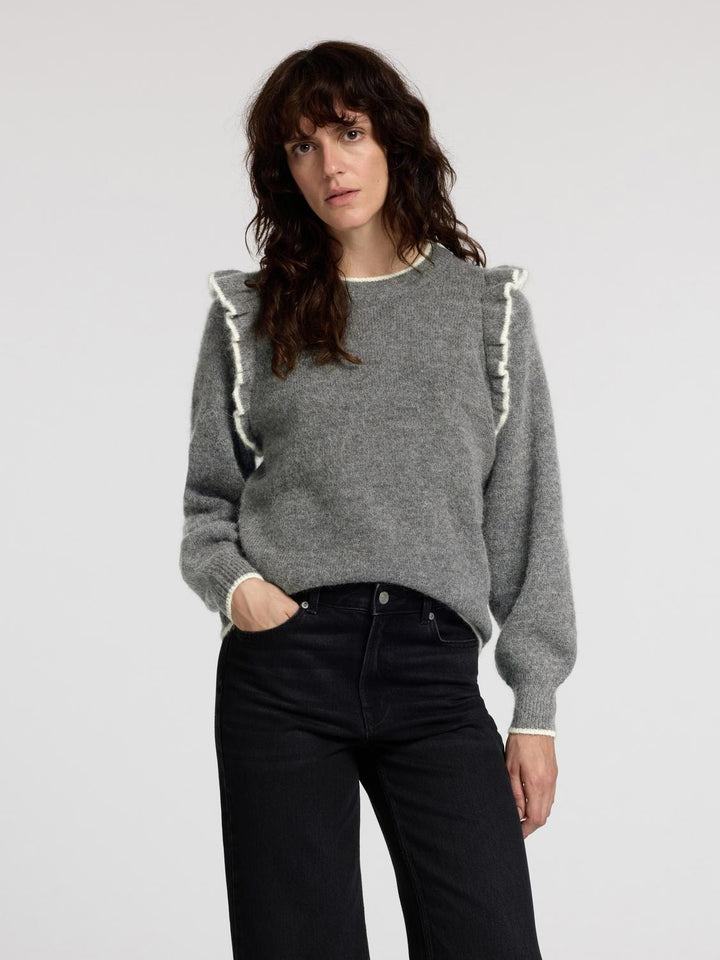 Alva Frills Ls Knit O - Neck Medium Grey Melange Birch | Genser | Smuk - Dameklær på nett