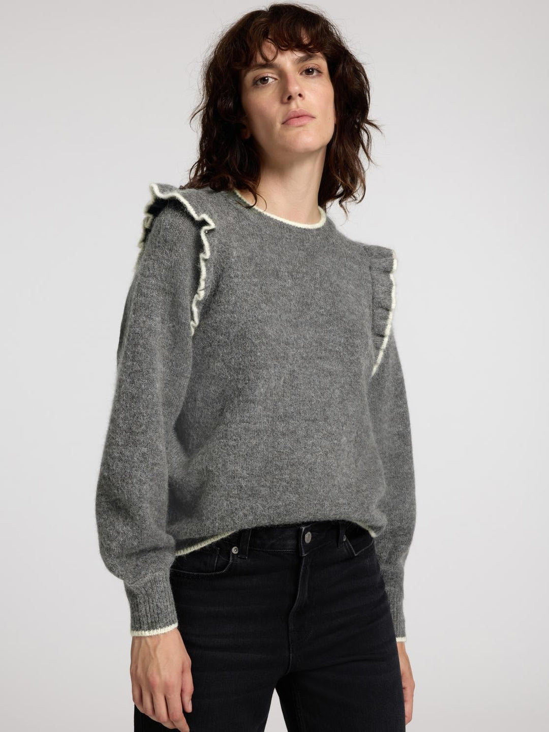 Alva Frills Ls Knit O - Neck Medium Grey Melange Birch | Genser | Smuk - Dameklær på nett