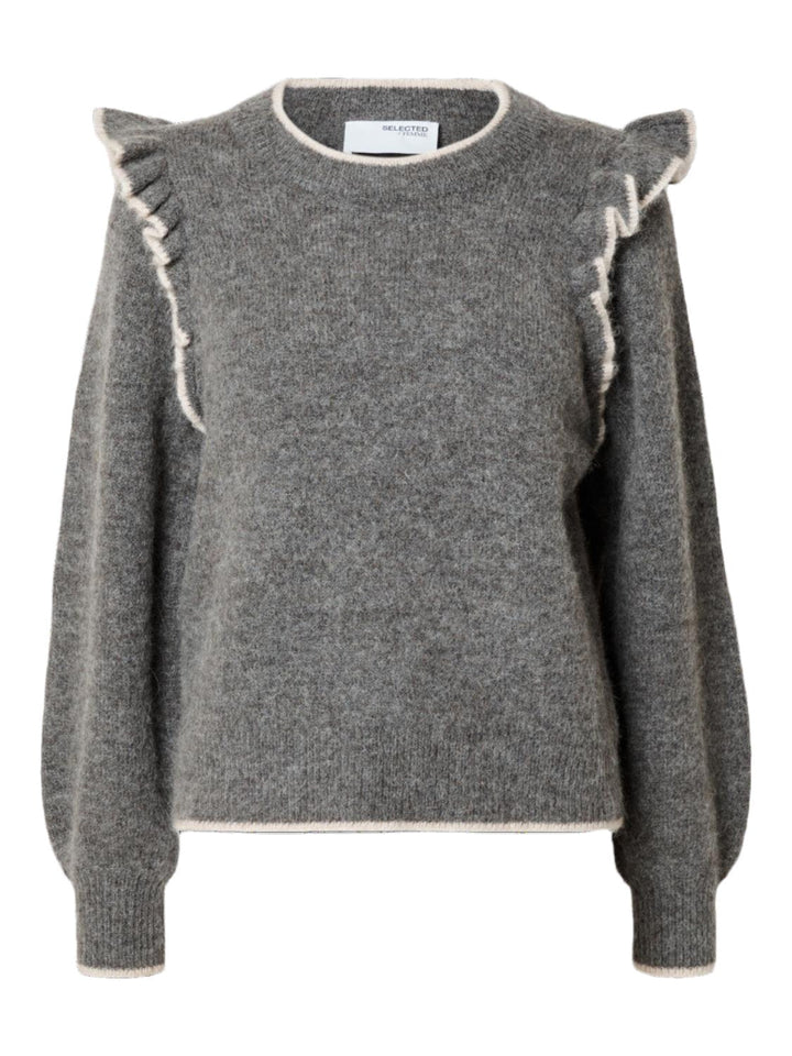 Alva Frills Ls Knit O - Neck Medium Grey Melange Birch | Genser | Smuk - Dameklær på nett