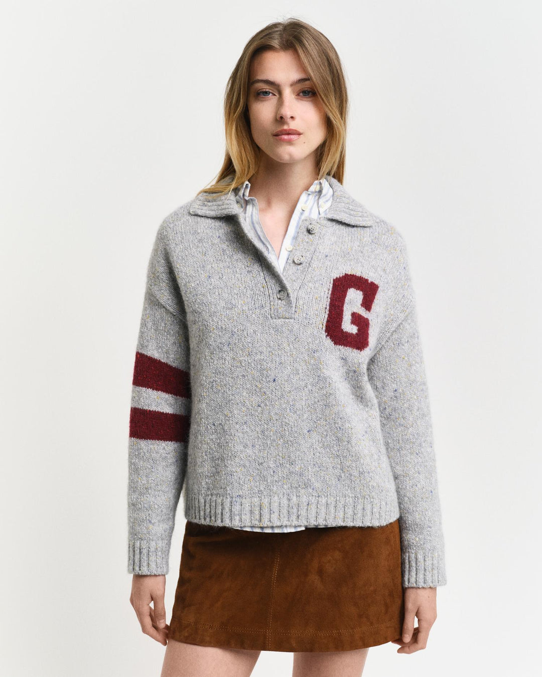 G Intarsia Knitted Polo Sweater Light Grey Melange | Genser | Smuk - Dameklær på nett