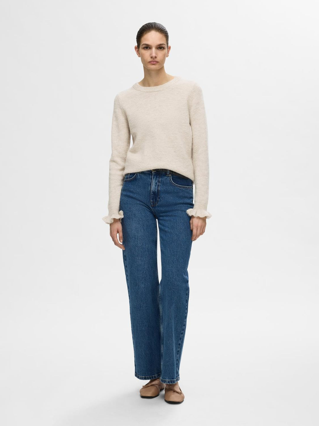 Lulu Ls Knit Frill Cuff O - Neck Birch Melange | Genser | Smuk - Dameklær på nett