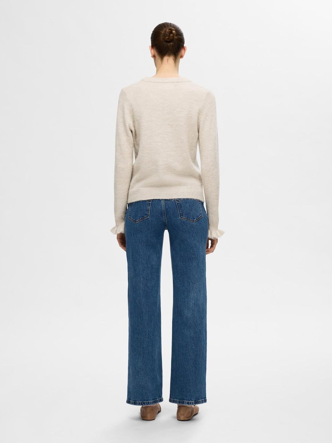 Lulu Ls Knit Frill Cuff O - Neck Birch Melange | Genser | Smuk - Dameklær på nett