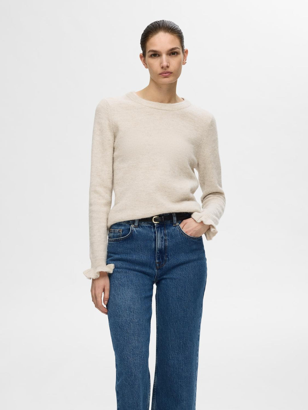 Lulu Ls Knit Frill Cuff O - Neck Birch Melange | Genser | Smuk - Dameklær på nett