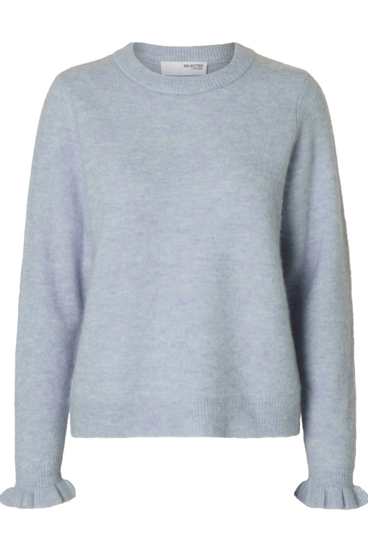 Lulu Ls Knit Frill Cuff O - Neck Cashmere Blue Melange | Genser | Smuk - Dameklær på nett