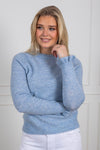 Lulu Ls Knit Frill Cuff O-Neck Cashmere Blue Melange