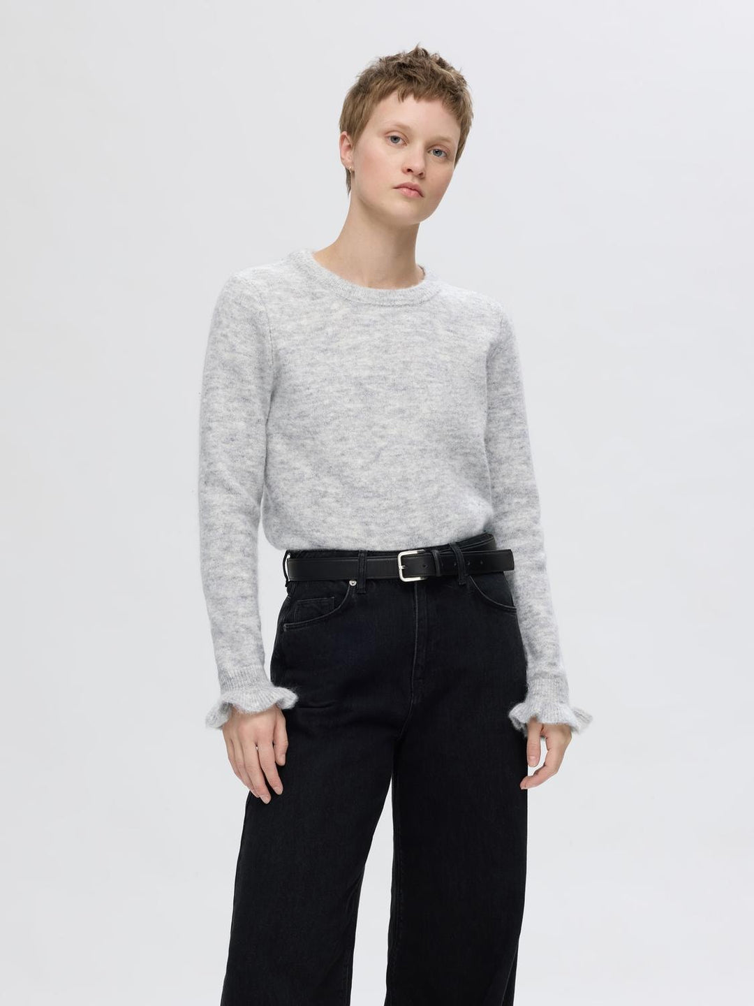 Lulu Ls Knit Frill Cuff O - Neck Light Grey Melange | Genser | Smuk - Dameklær på nett