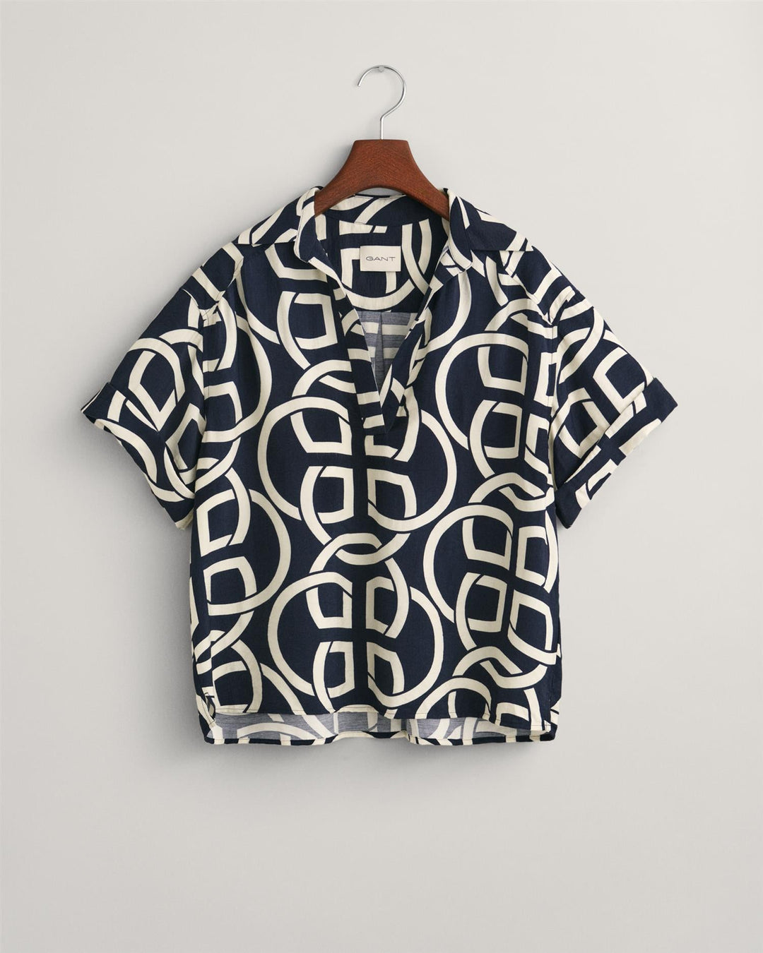 Relaxed Fit Monogram Print Popover Short Sleeve Shirt Evening Blue | Skjorter og bluser | Smuk - Dameklær på nett