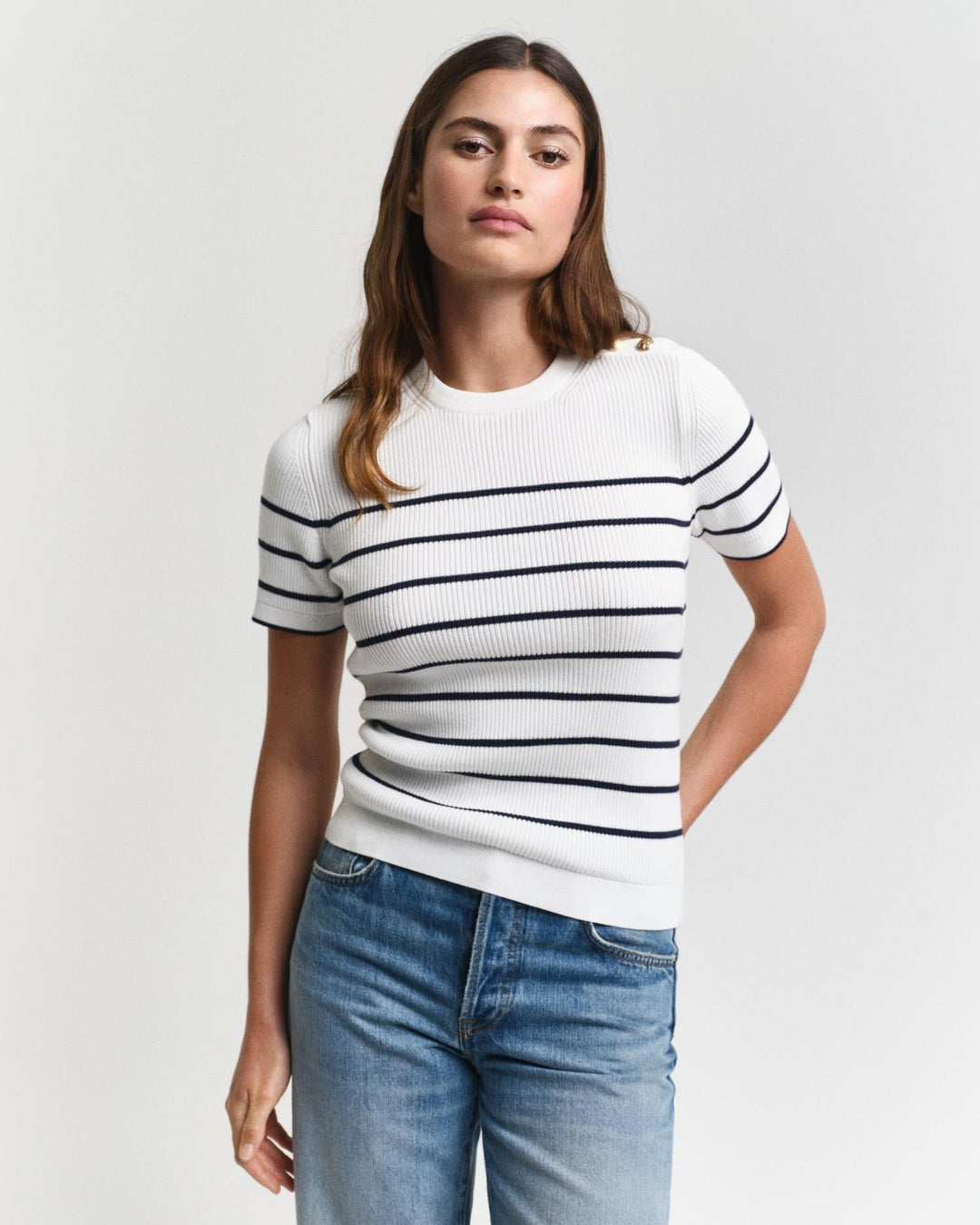 Ribbed Breton Crew Neck Sweater Cream | Genser | Smuk - Dameklær på nett