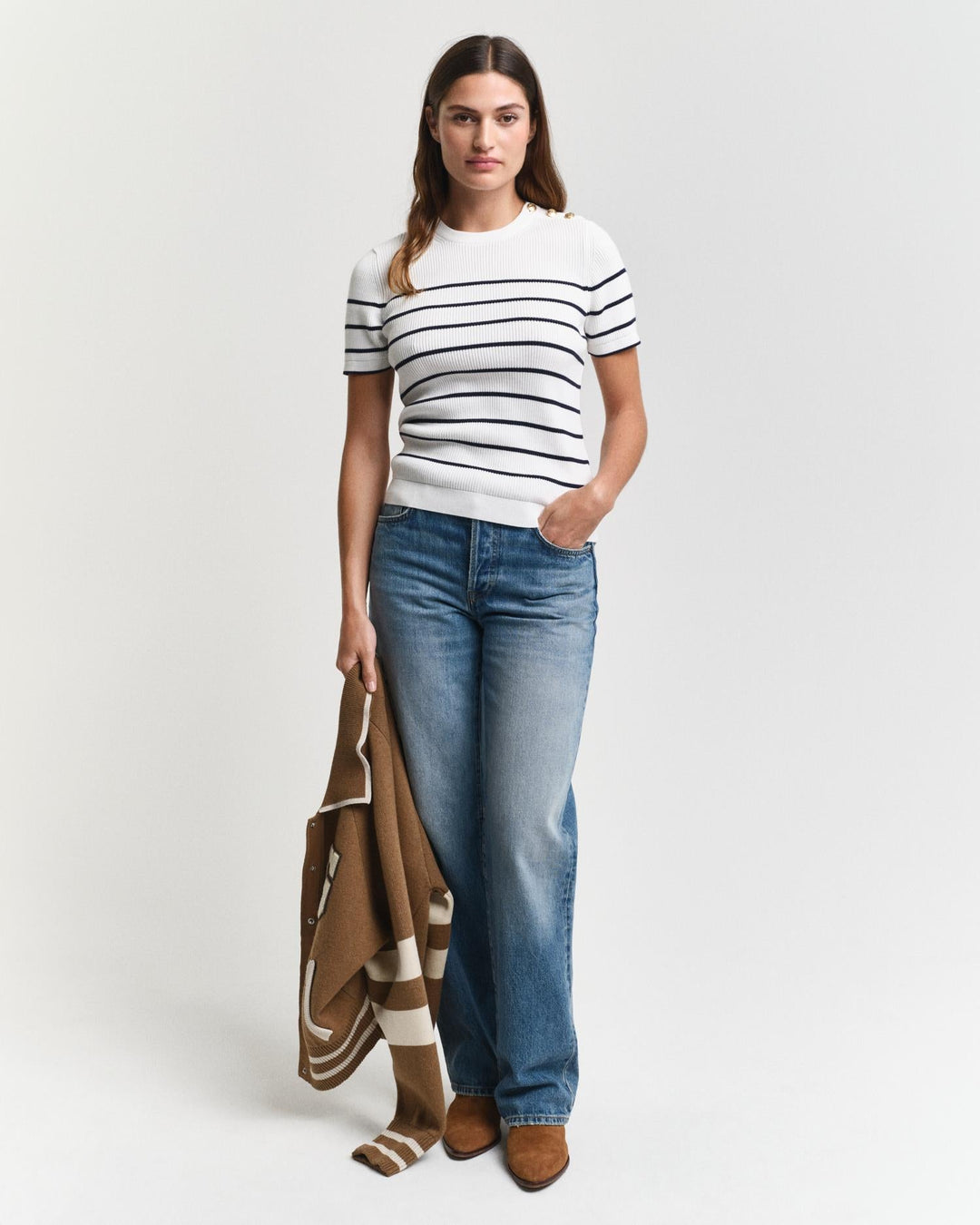 Ribbed Breton Crew Neck Sweater Cream | Genser | Smuk - Dameklær på nett