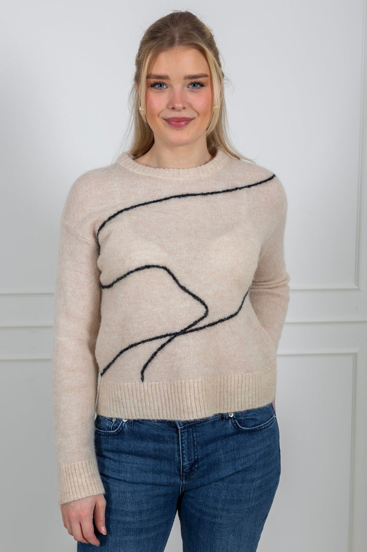 Sia Ras Ls Knit Artwork O - Neck Birch Black | Genser | Smuk - Dameklær på nett