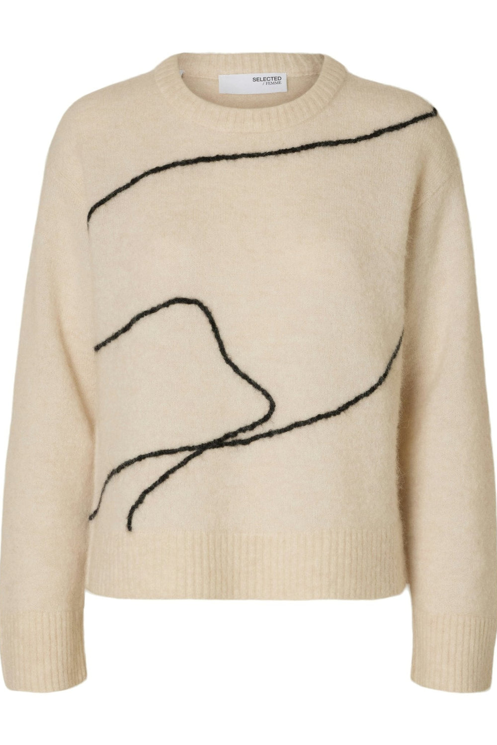 Sia Ras Ls Knit Artwork O - Neck Birch Black | Genser | Smuk - Dameklær på nett