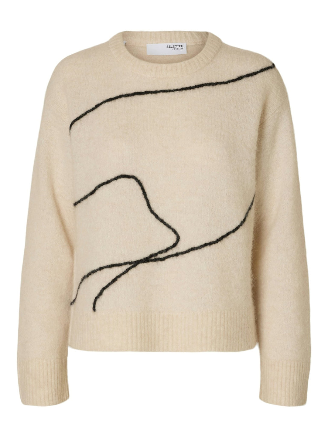 Sia Ras Ls Knit Artwork O - Neck Birch Black | Genser | Smuk - Dameklær på nett