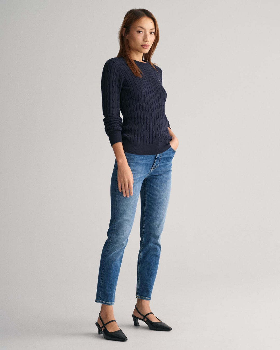 Stretch Cotton Cable Knit Crew Neck Sweater Evening Blue | Genser | Smuk - Dameklær på nett