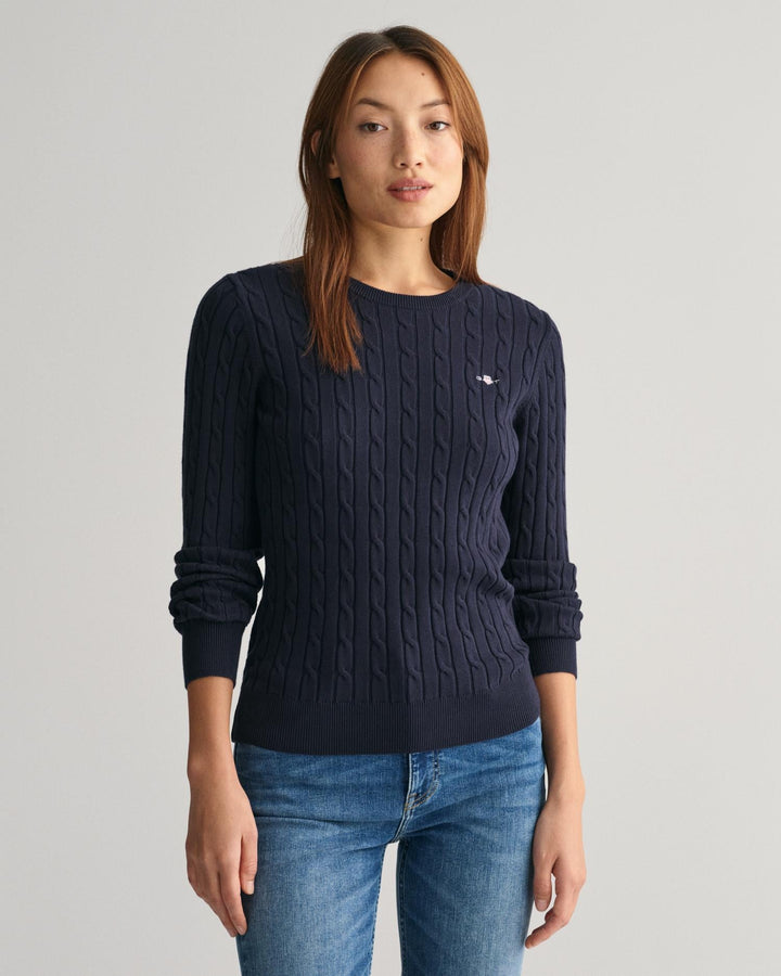 Stretch Cotton Cable Knit Crew Neck Sweater Evening Blue | Genser | Smuk - Dameklær på nett