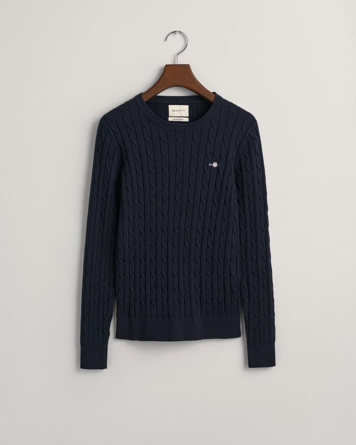 Stretch Cotton Cable Knit Crew Neck Sweater Evening Blue | Genser | Smuk - Dameklær på nett