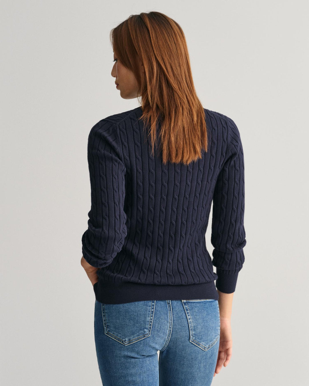 Stretch Cotton Cable Knit Crew Neck Sweater Evening Blue | Genser | Smuk - Dameklær på nett