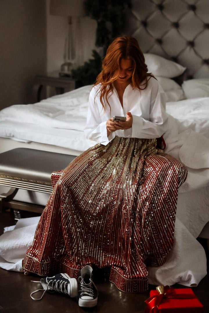 Long Sequin Skirt Red & Gold | Skjørt | Smuk - Dameklær på nett